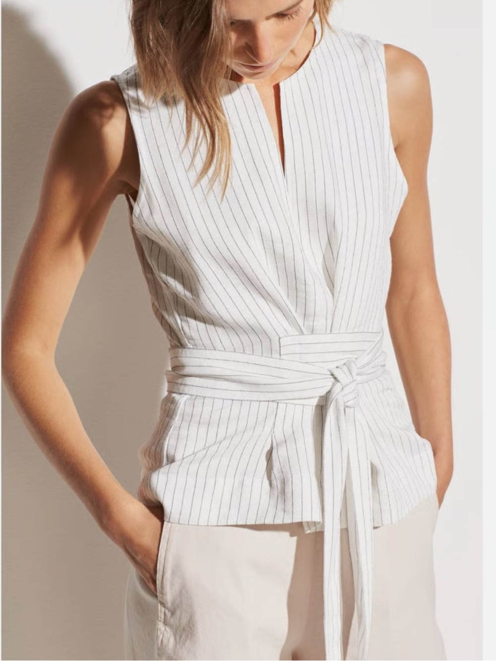 VINCE Linen blend Cream Pencil-striped Belted Shell Blouse